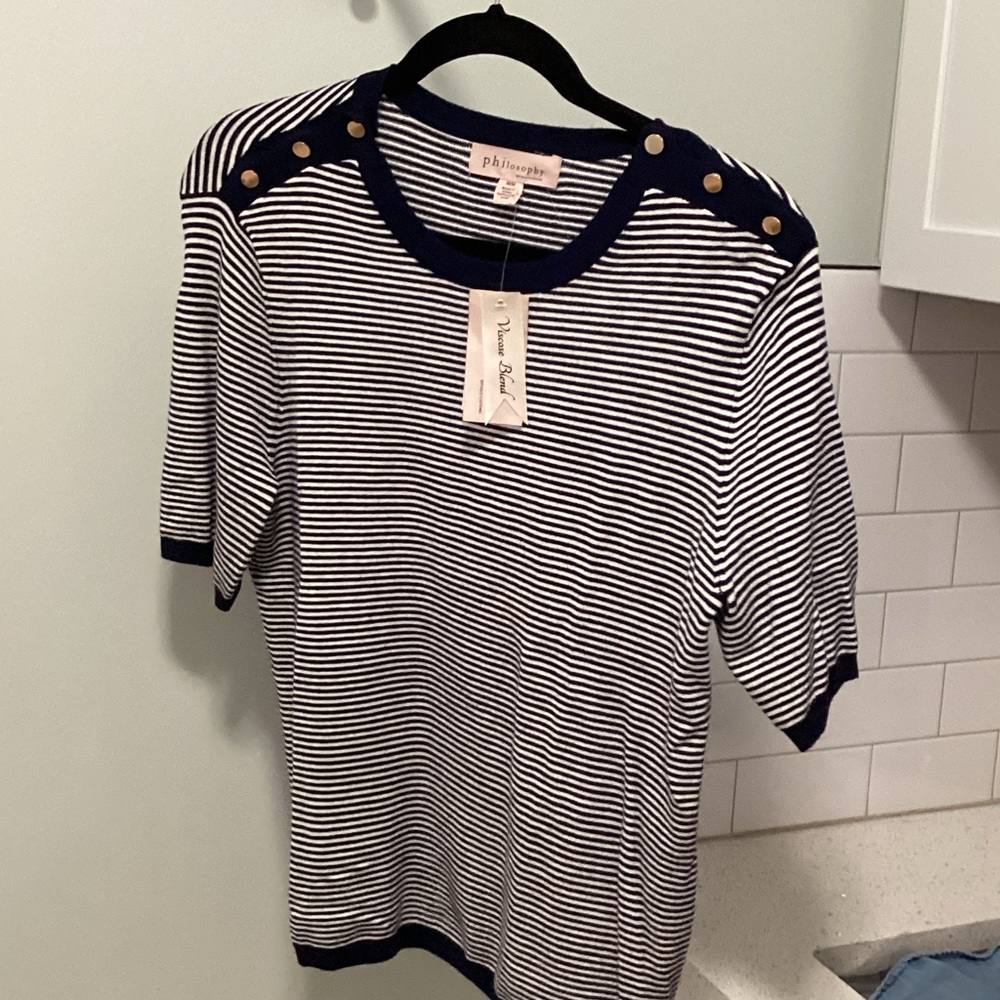 Philosophy Navy & White Striped Button-Shoulder Knit Top